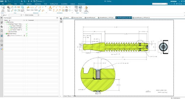 Siemens NX engineering drawing with GD&T dimensions