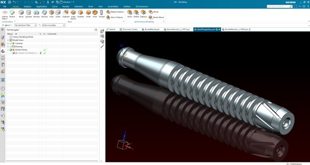 Siemens NX 3D solid model — bucket plunger component